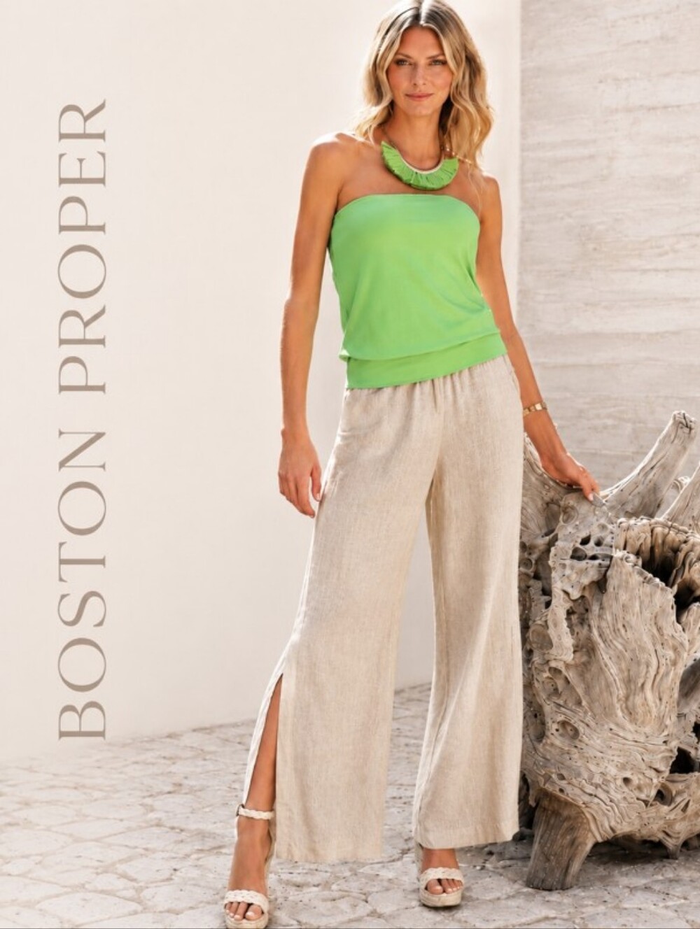BOSTON PROPER Linen Wide Leg Linen Pant With Side Slits